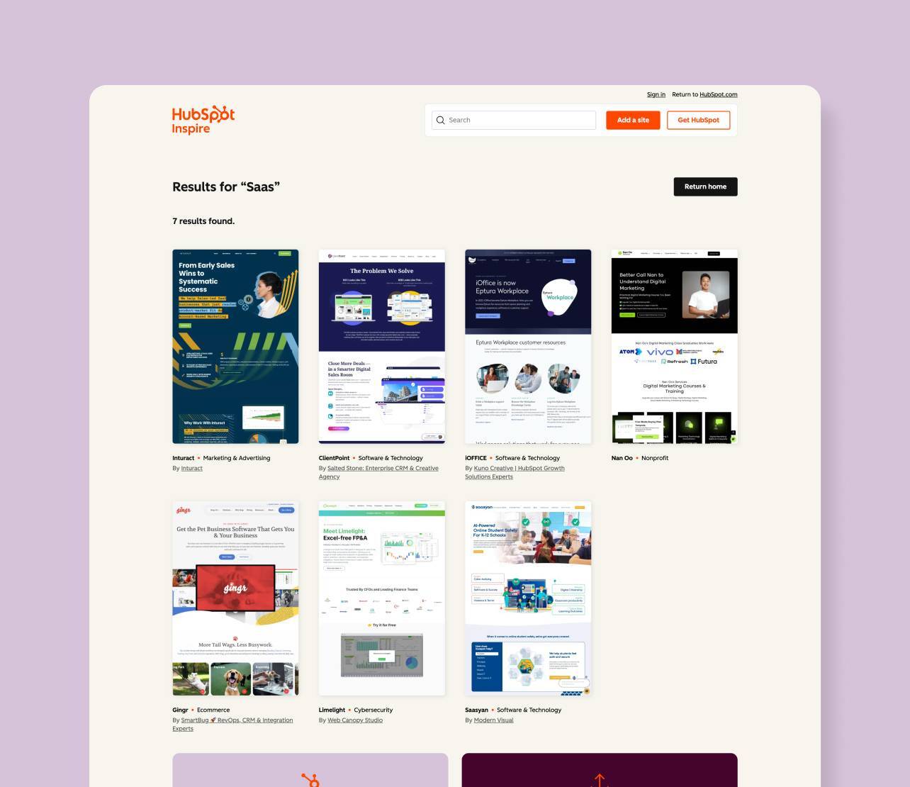 HubSpot Inspire Gallery search page