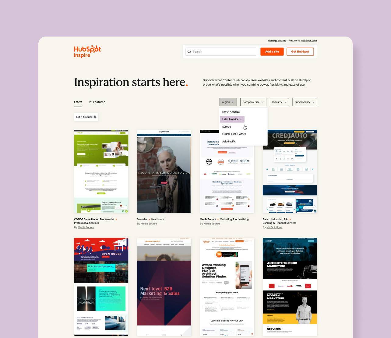 HubSpot Inspire Gallery homepage with region filter