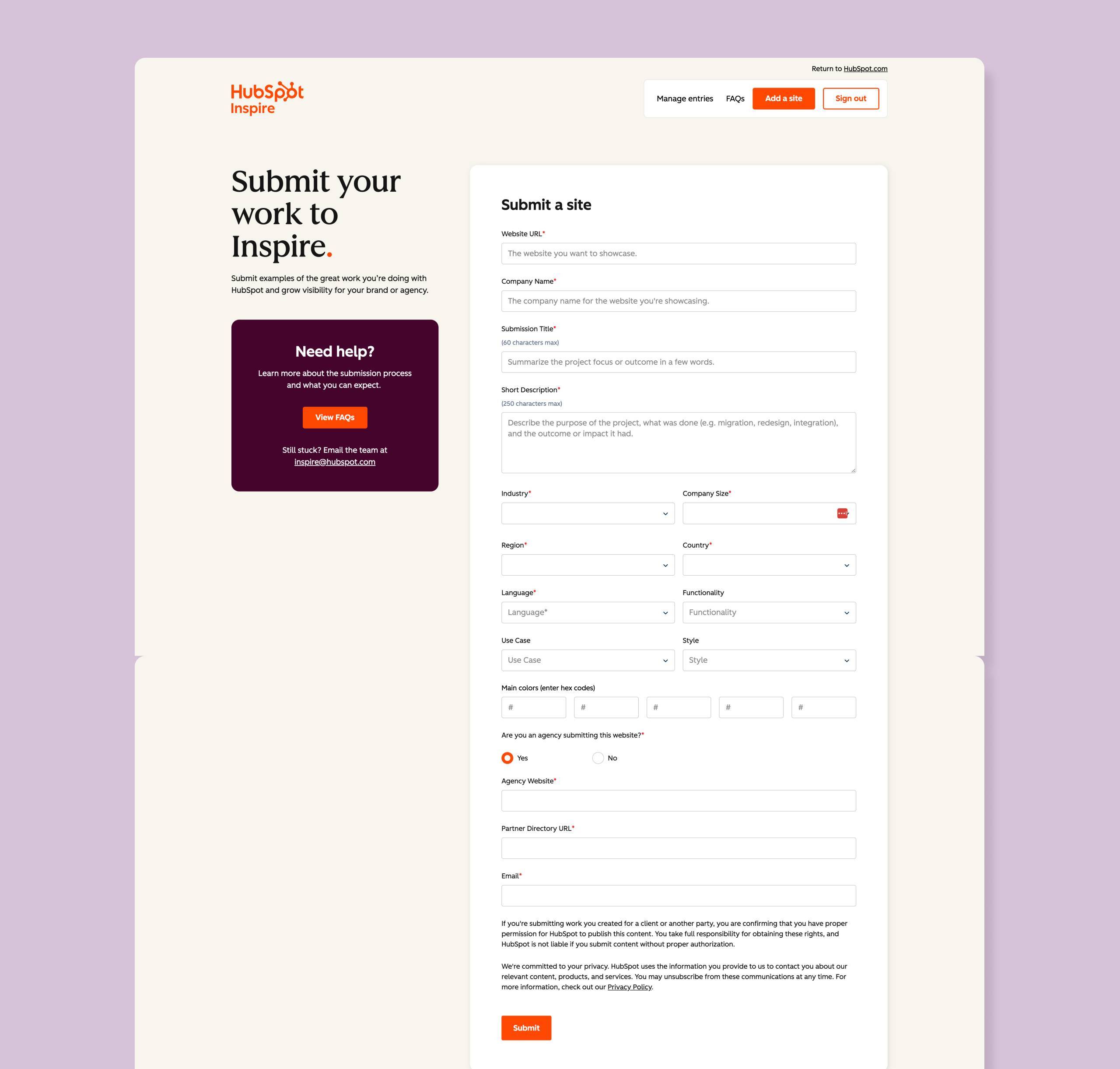 HubSpot Inspire Gallery submission form
