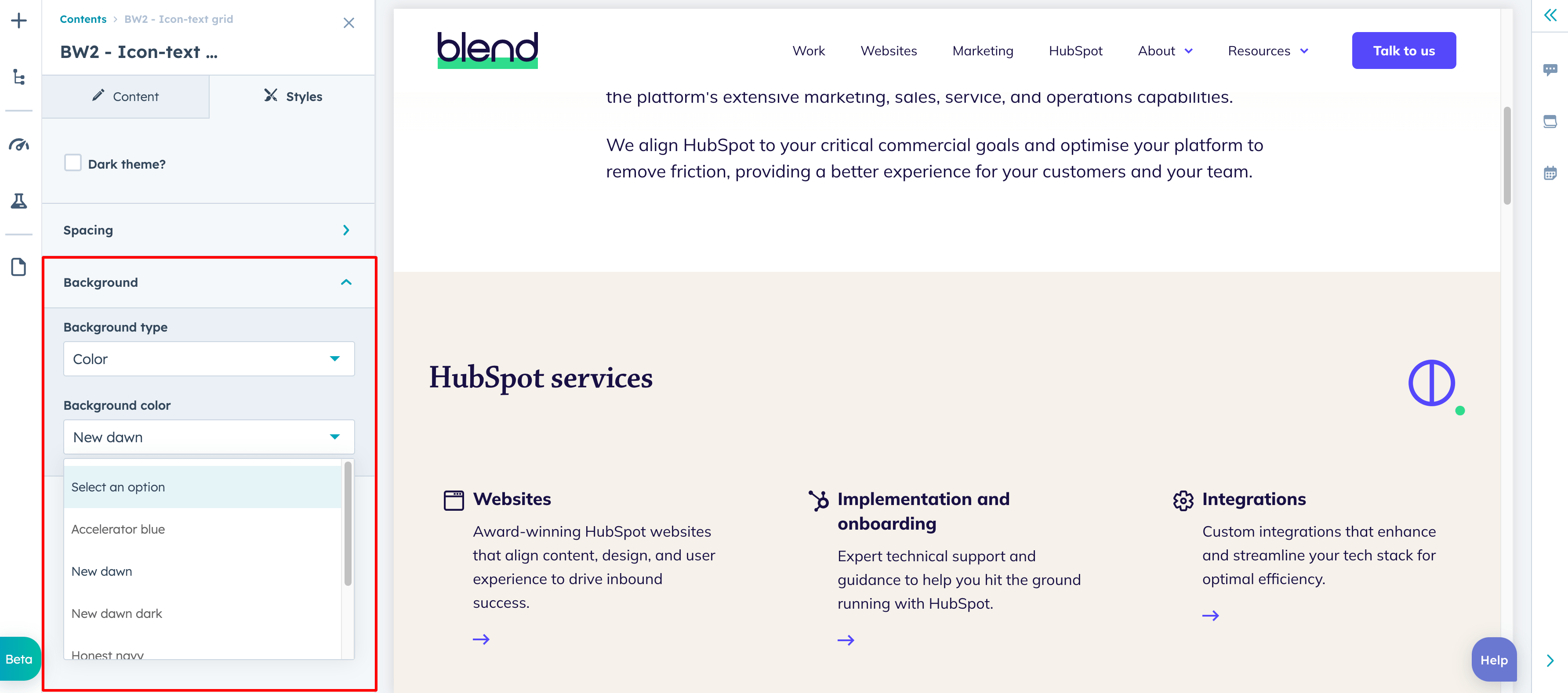 example of restricting colour options on a hubspot website