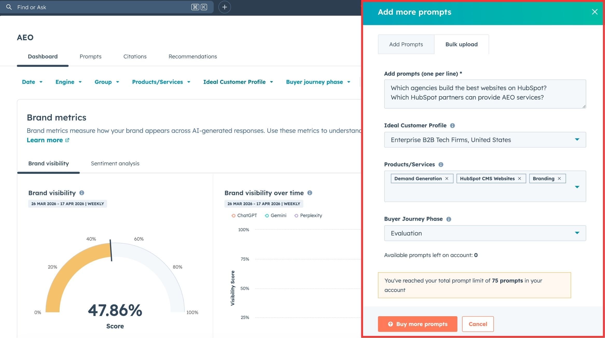 HubSpot AEO Tool - Adding Prompts