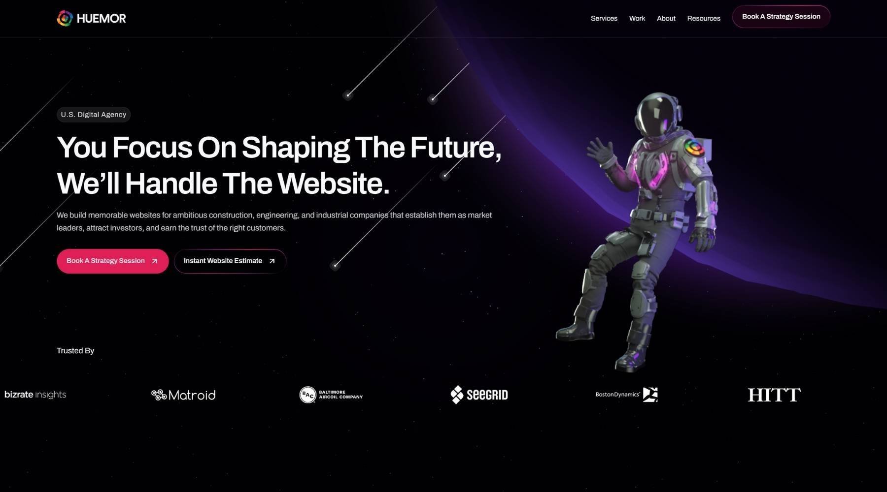 Huemor SaaS web design agency homepage