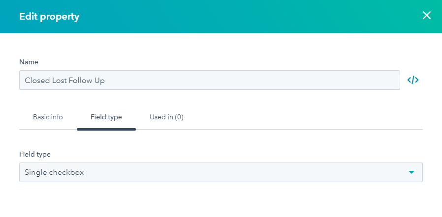 An example Closed Lost Follow Up property configuration