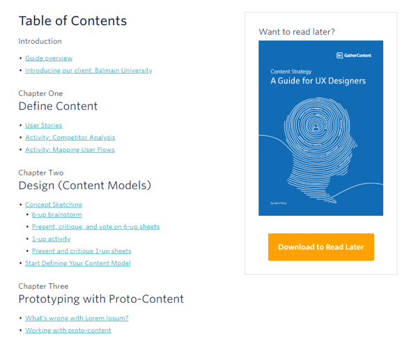 Internal navigation on GatherContent's UX design pillar page