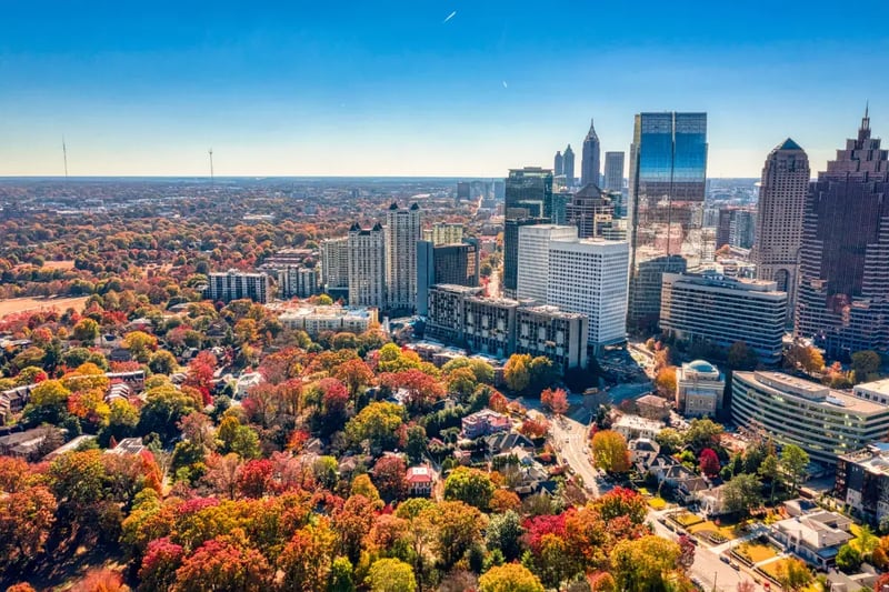 City skyline surrounded by autumn foliage