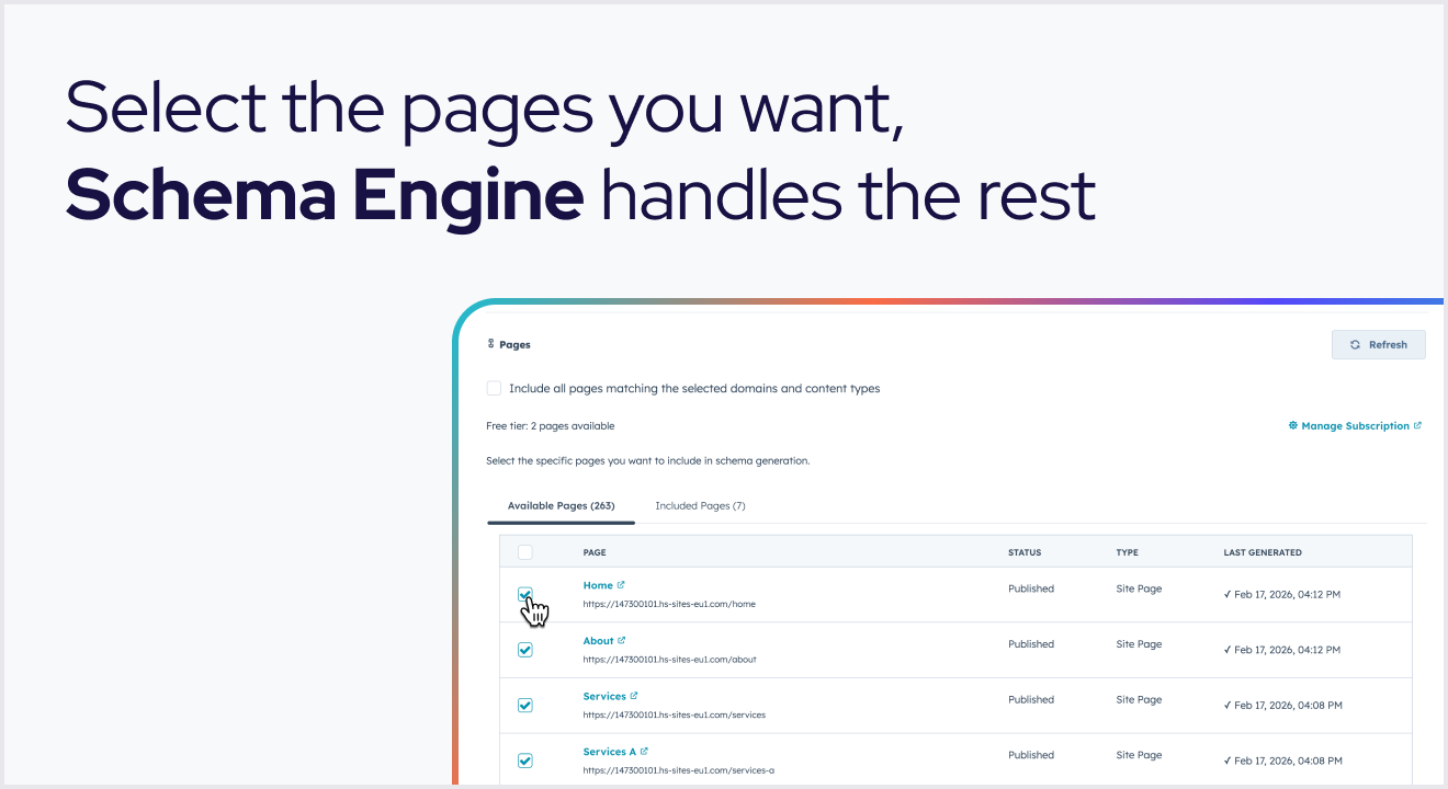 Select your pages and Schema Engine will work automatically